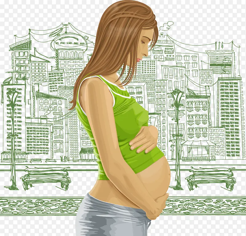 装饰绿色城市孕妇散步