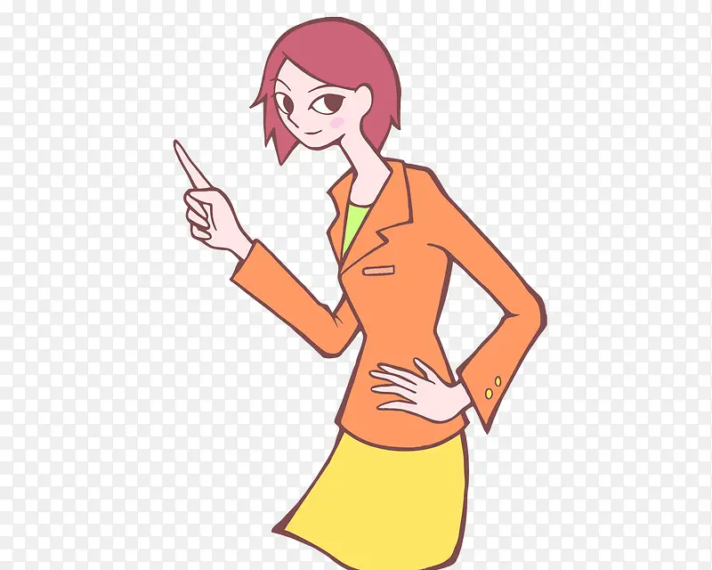 穿橘色西装手指前方的女生