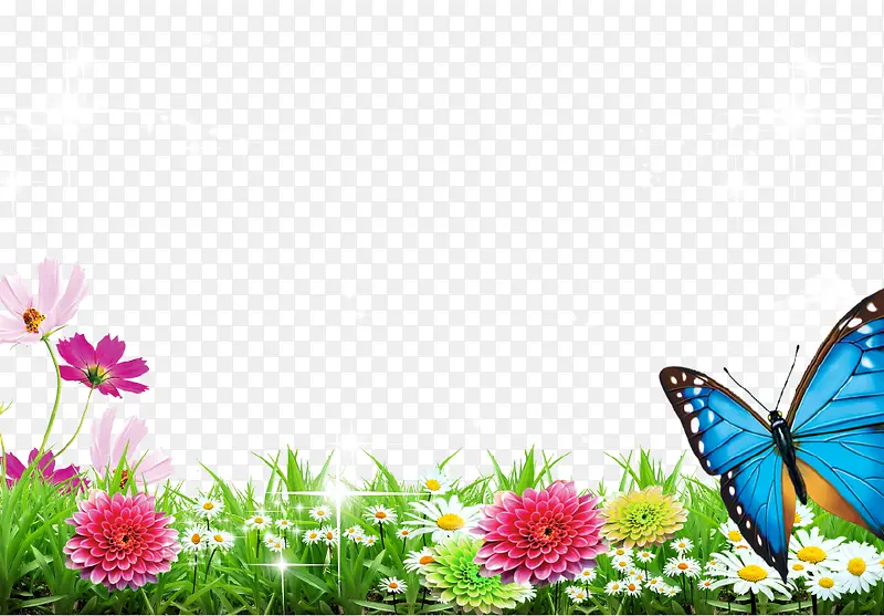 清新唯美春季花朵蝴蝶背景免抠