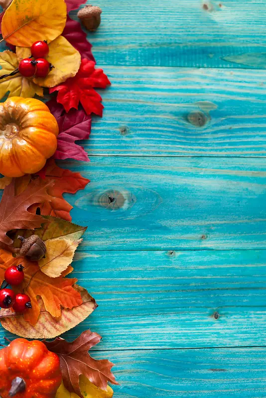 蓝色木板与秋天树叶背景