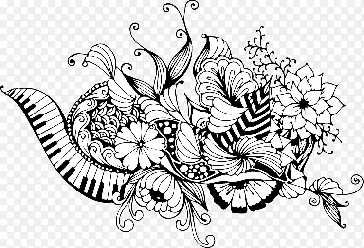 创意手绘花卉和琴键图片