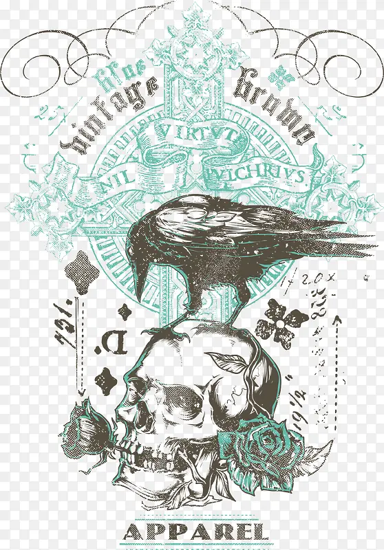 骷髅头与乌鸦印花
