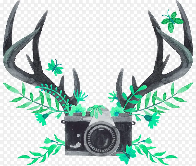 绿色简约鹿角相机装饰图案