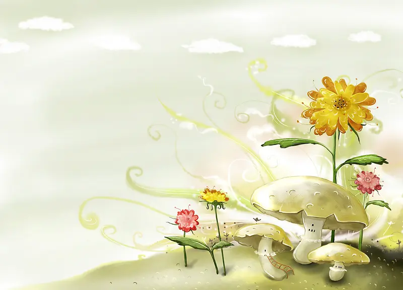 卡通鲜花与蘑菇