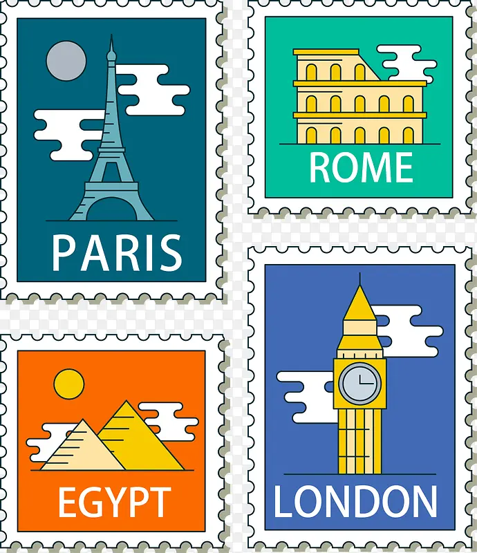 矢量手绘世界邮票
