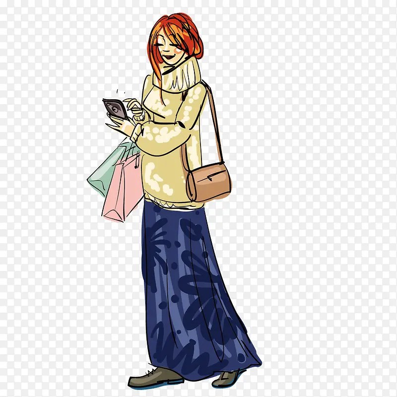 矢量卡通彩绘长裙大妈美女人物