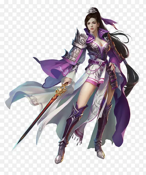 长剑紫衣古风手绘女子
