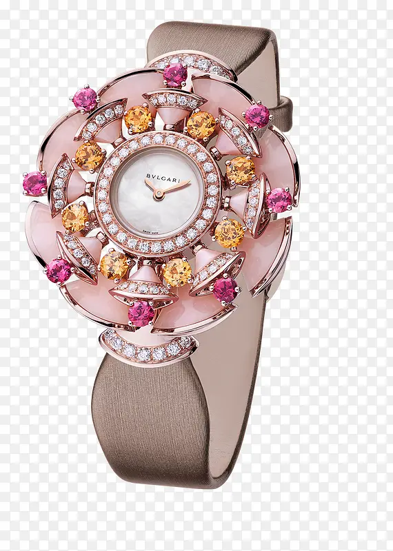 宝格丽粉色镶钻花型腕表手表女表