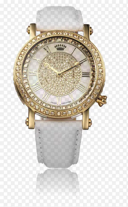 白色真皮表带镶钻水晶手表