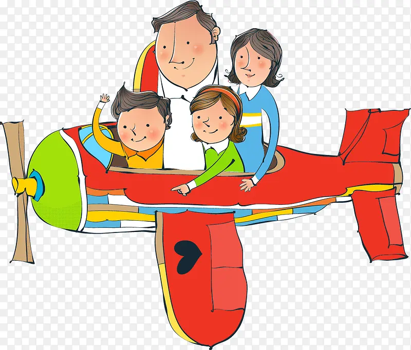 矢量手绘飞机上的一家人