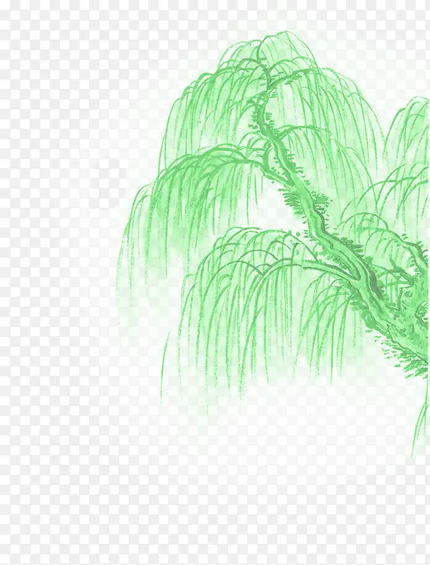 绿色手绘垂柳美景