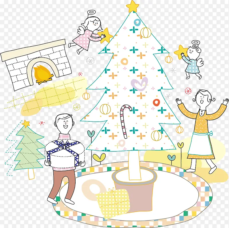 矢量手绘清新圣诞树和一家人