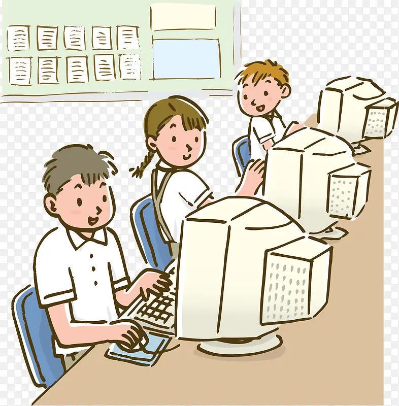 卡通人物学生玩电脑
