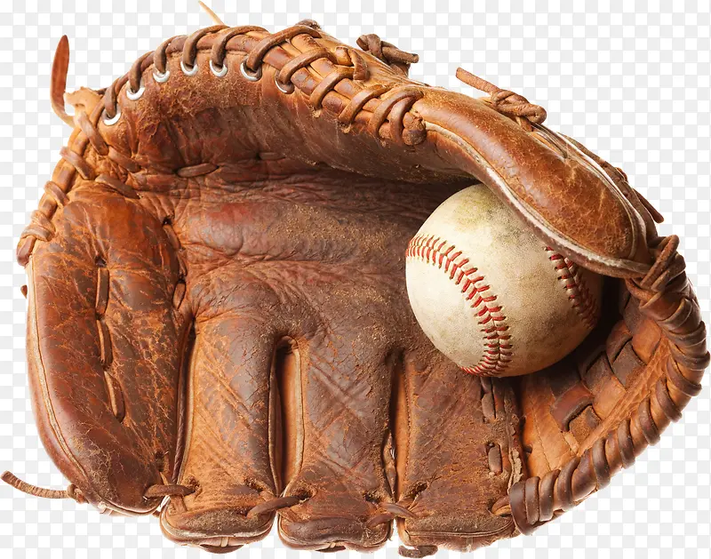 老旧的皮质棒球手套和白色棒球