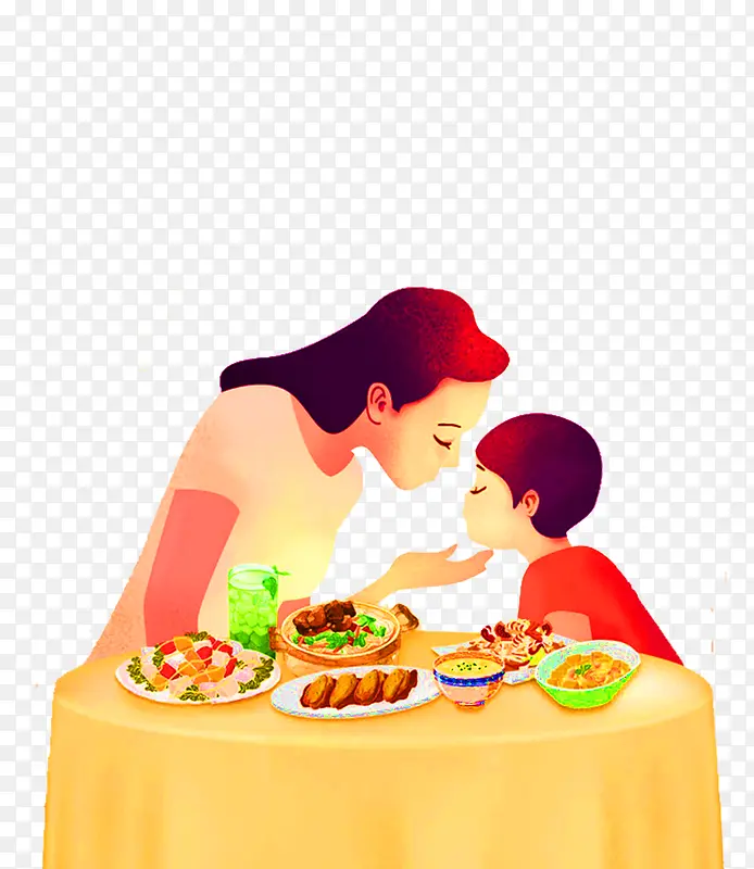 手绘母子吃饭装饰图案