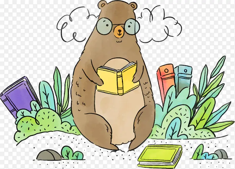 水彩看书的棕熊免抠素材