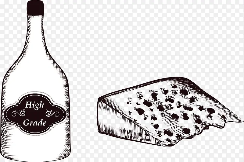 手绘红酒瓶和面包