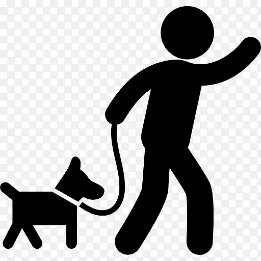 男人抱着一只狗和一个带走图标