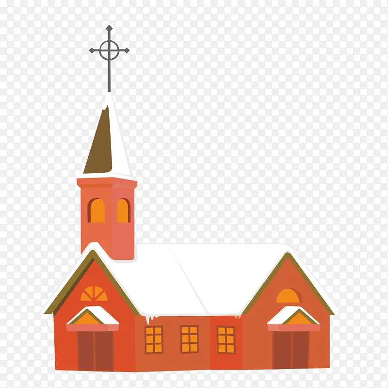 矢量卡通西式积雪房屋教堂