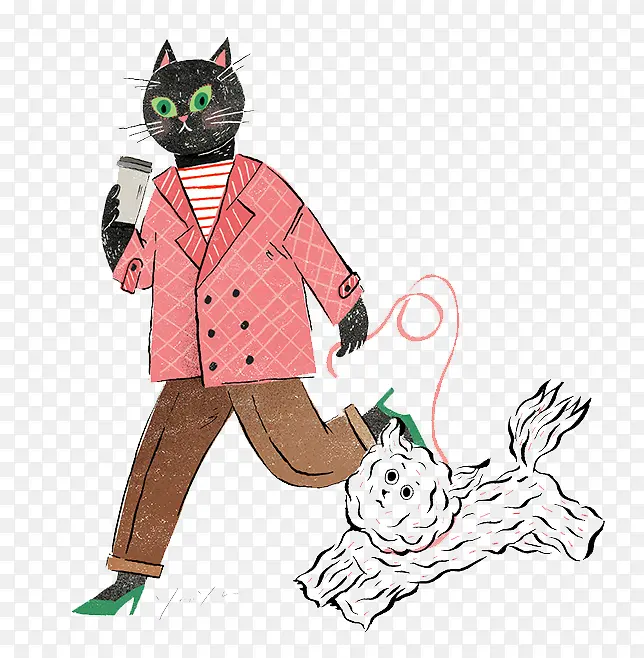 创意插画牵着狗的猫