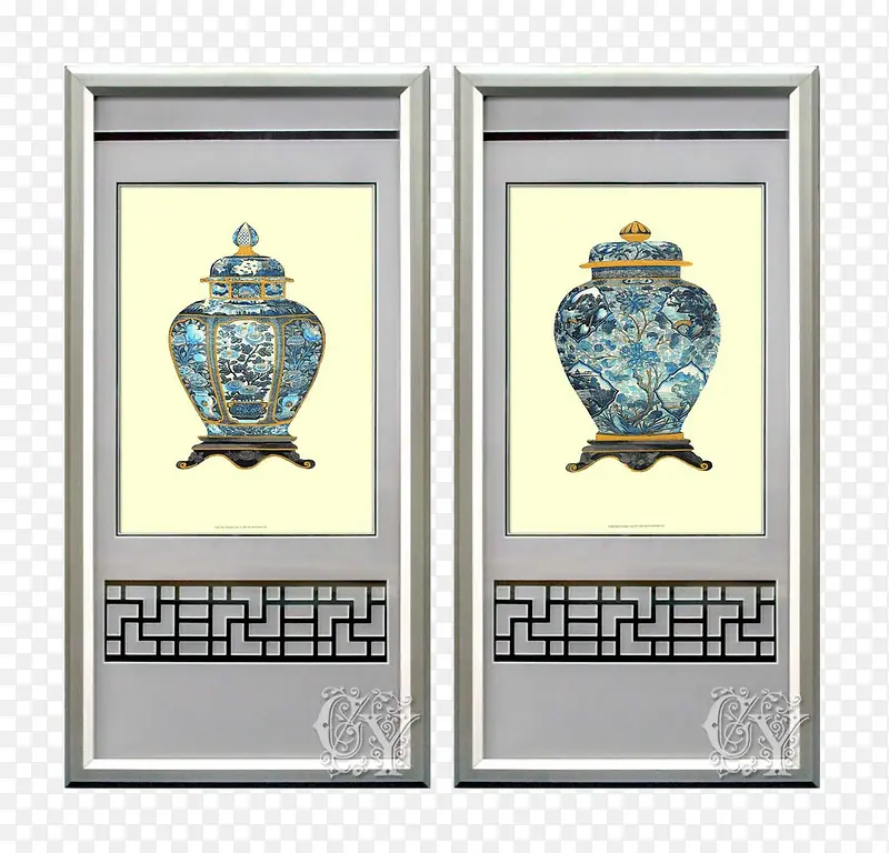 中式青花瓷瓶长方形装饰画