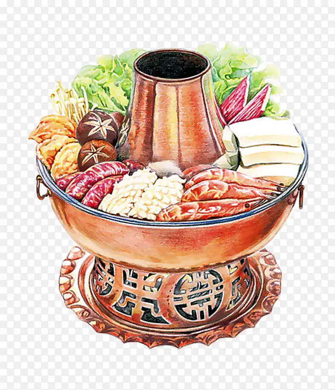 手绘彩色火锅食材