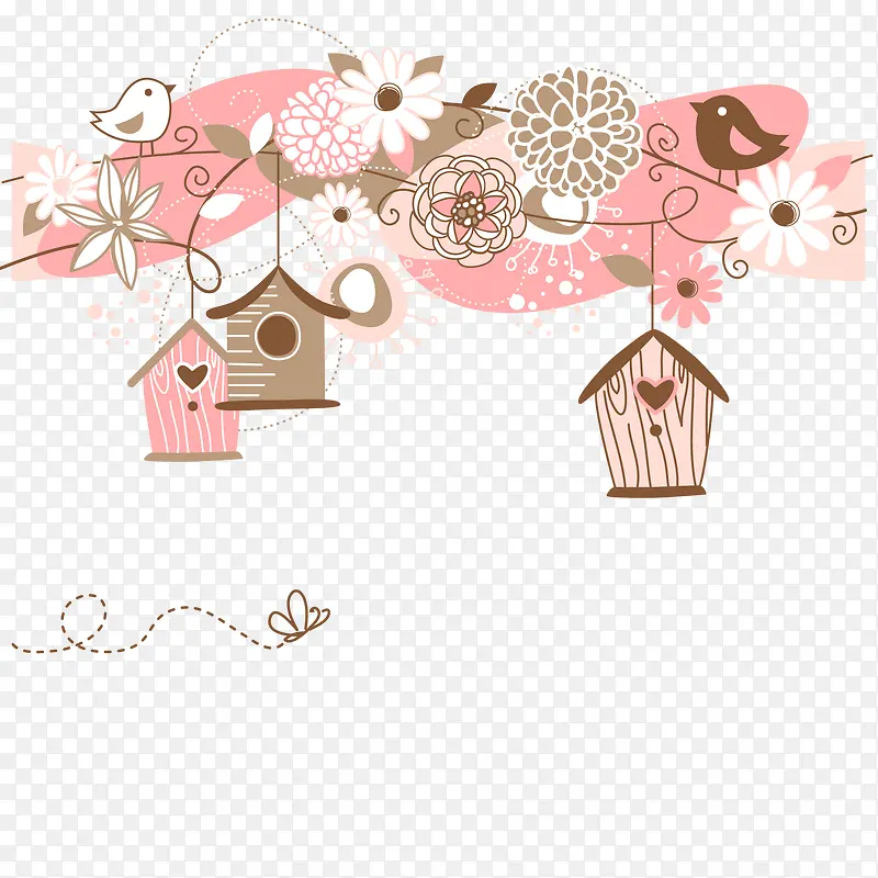手绘粉色鲜花与鸟窝