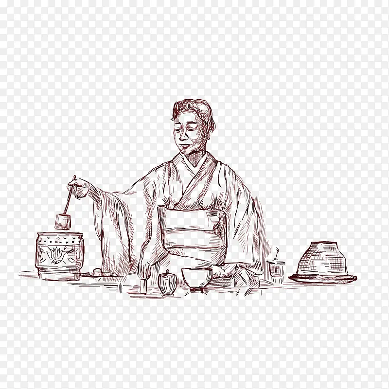 矢量铅绘日本妇女泡茶