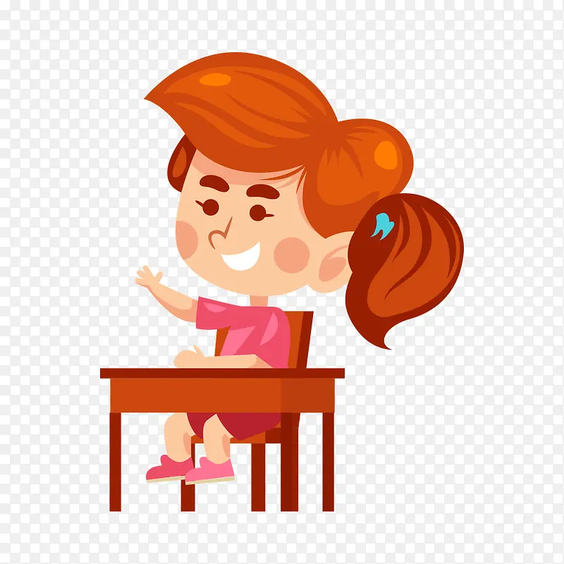 坐在课桌上举手的卡通女孩