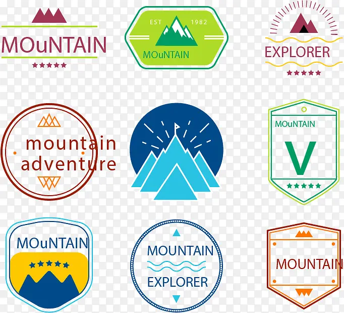 9款彩色登山标签矢量图