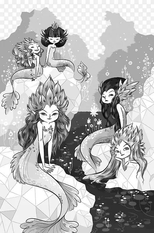 灰白风格美人鱼荷塘