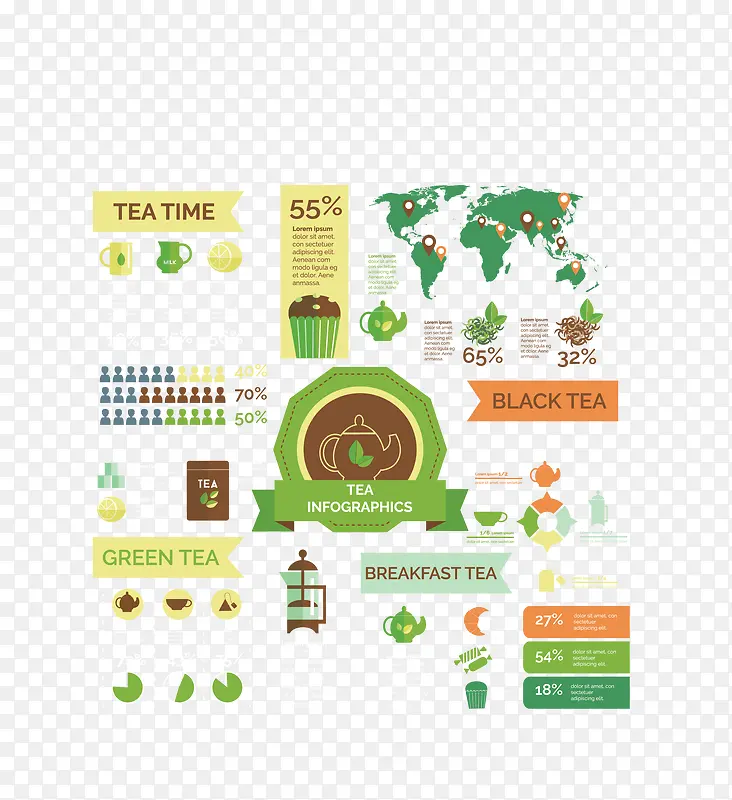 矢量彩色茶文化世界分布图