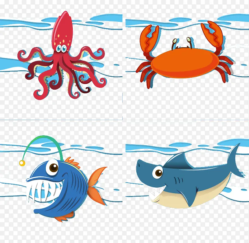 卡通螃蟹虾鲨鱼章鱼