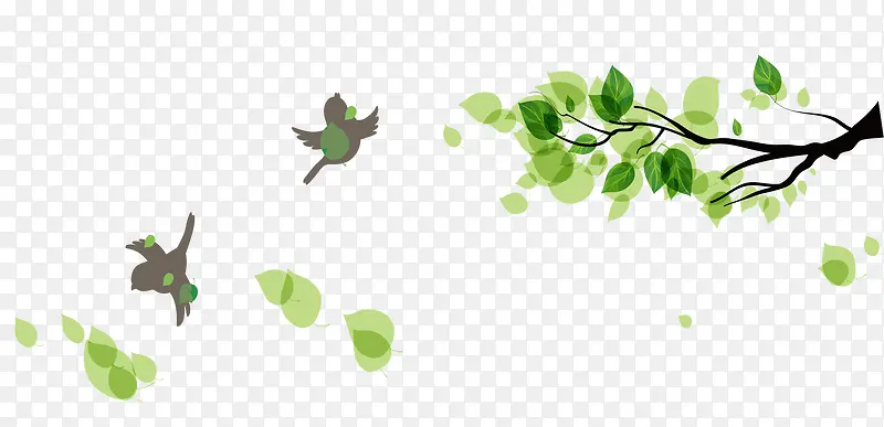 手绘绿色树枝小鸟装饰图案