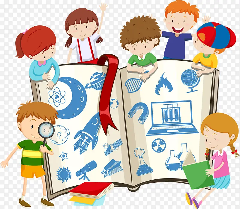 孩子围绕书本学习矢量插画