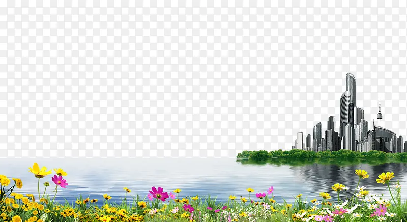 建筑湖泊野花背景素材