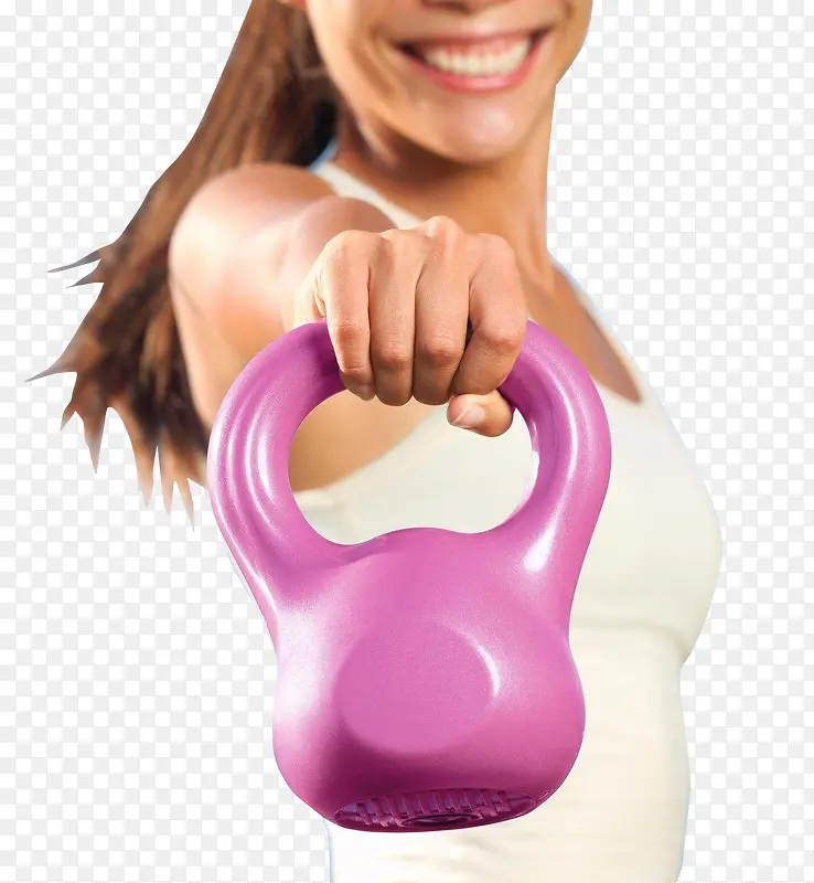 健身美女手拿粉紫色壶铃