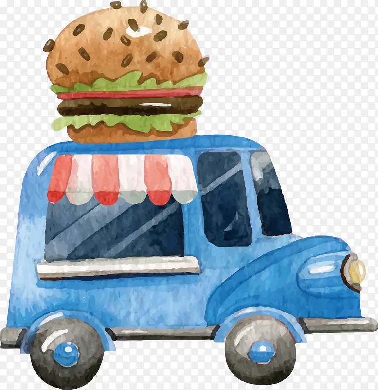 水彩蓝色汉堡餐车