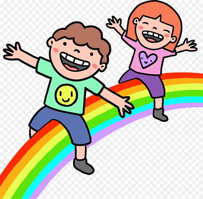 矢量手绘骑着彩虹的孩子