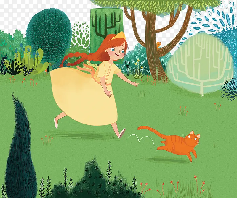 在树林追着小猫的女孩