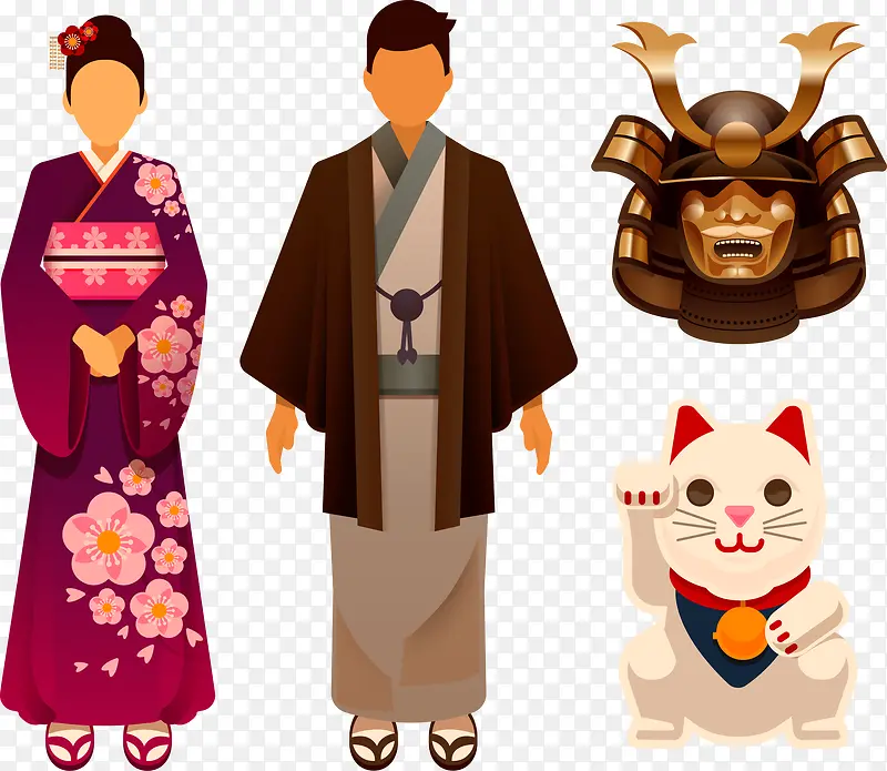 日本矢量卡通和服素材武士招财猫