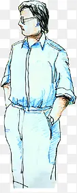 高清创意手绘漫画穿蓝色衣服的男人