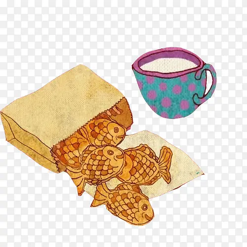 鱼饼和饮料手绘画素材图片