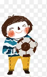 卡通手绘拿足球的小男孩