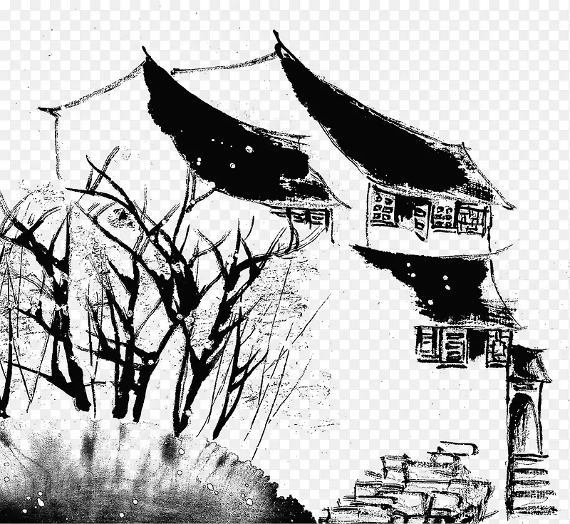 矢量手绘水墨建筑PNG图片素材下载_图片编号yezajada-免抠素材网