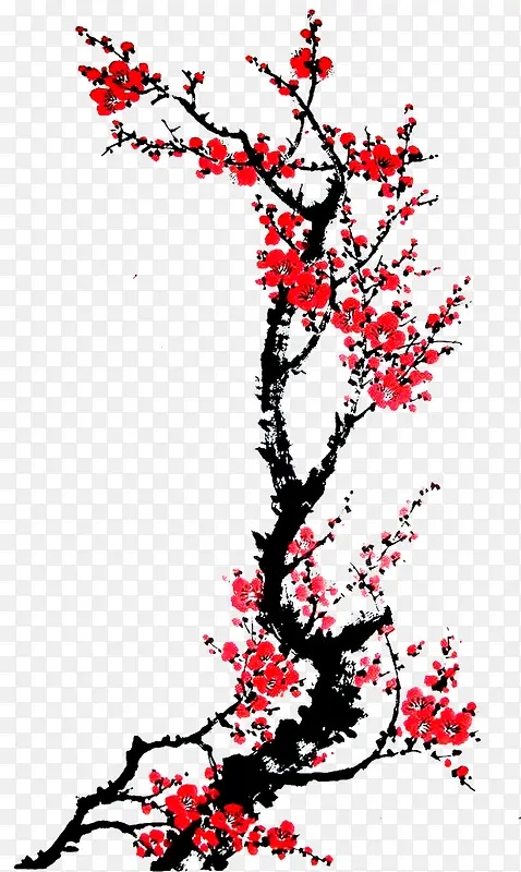 创意合成手绘水墨风格红色的梅花