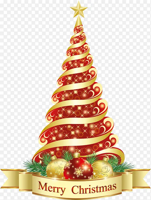金色丝带缠绕的圣诞树