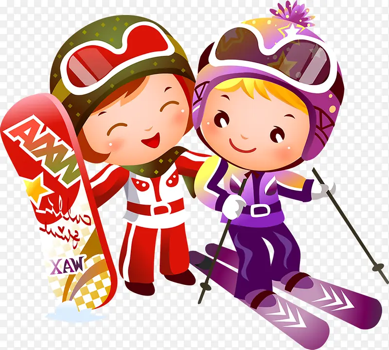 手绘绿紫色滑雪小人