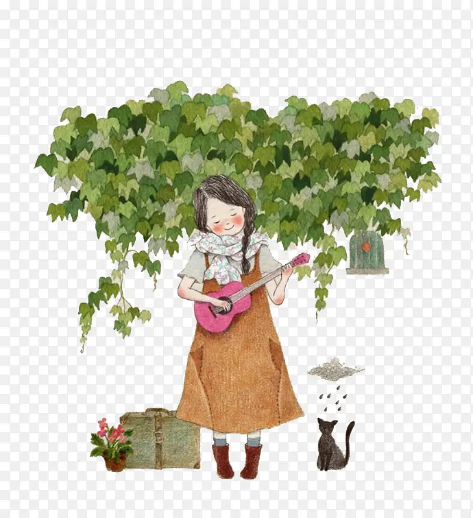 弹吉他的小女孩与猫咪