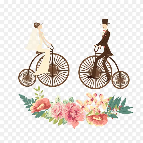 骑自行车的新娘新郎